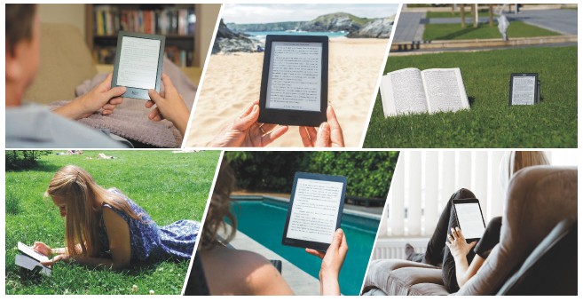 Kolaż zdjęć osób czytających e-booki.